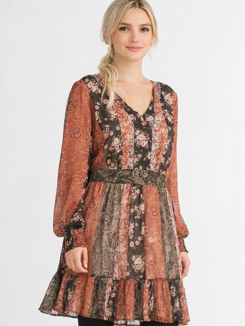 Black Tape_ Rust and Black Mixed Print V-Neck Tiered Dress
